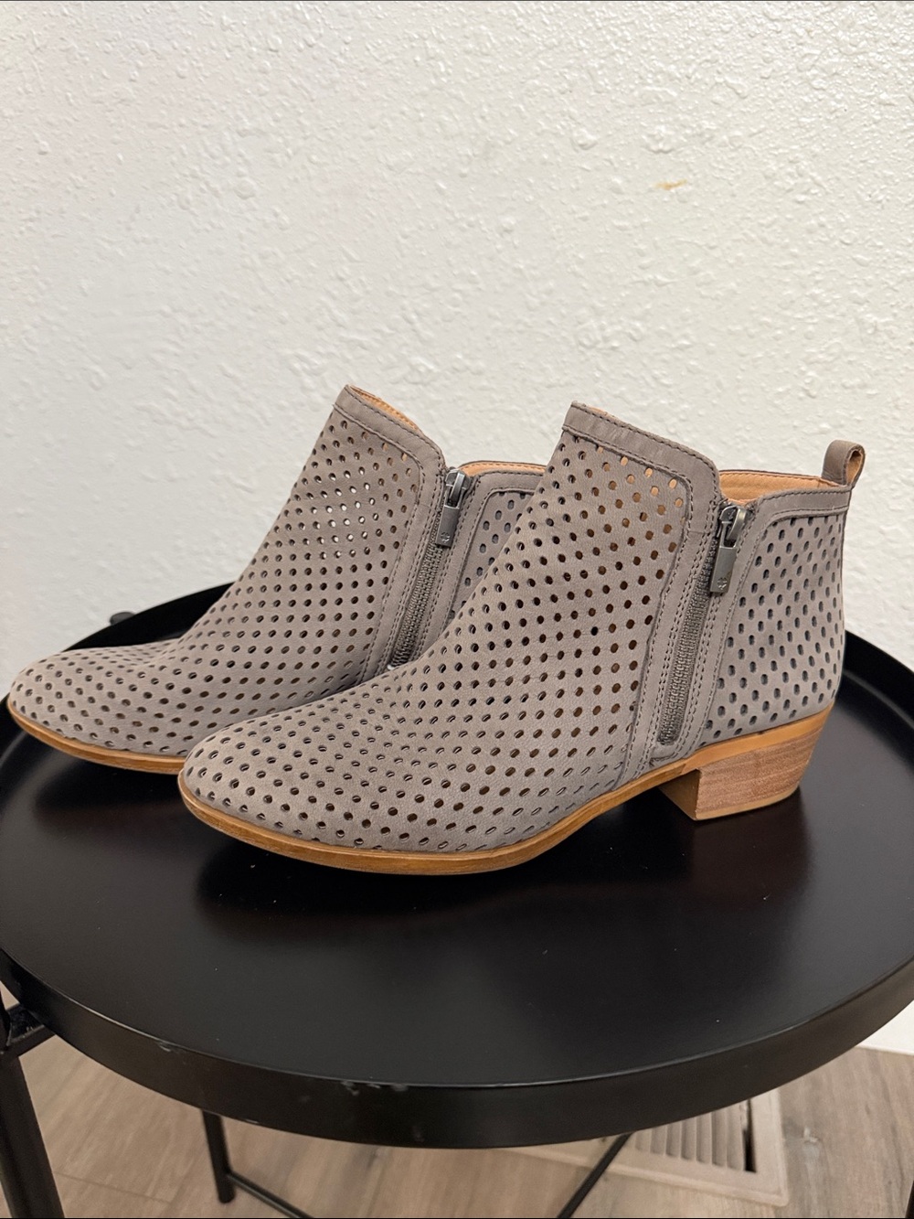 Lucky Brand real leather Women’s Perforated Gray Suede Ankle Booties